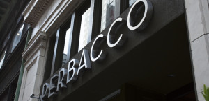 black and white exterior of Perbacco signage in San Francisco CA