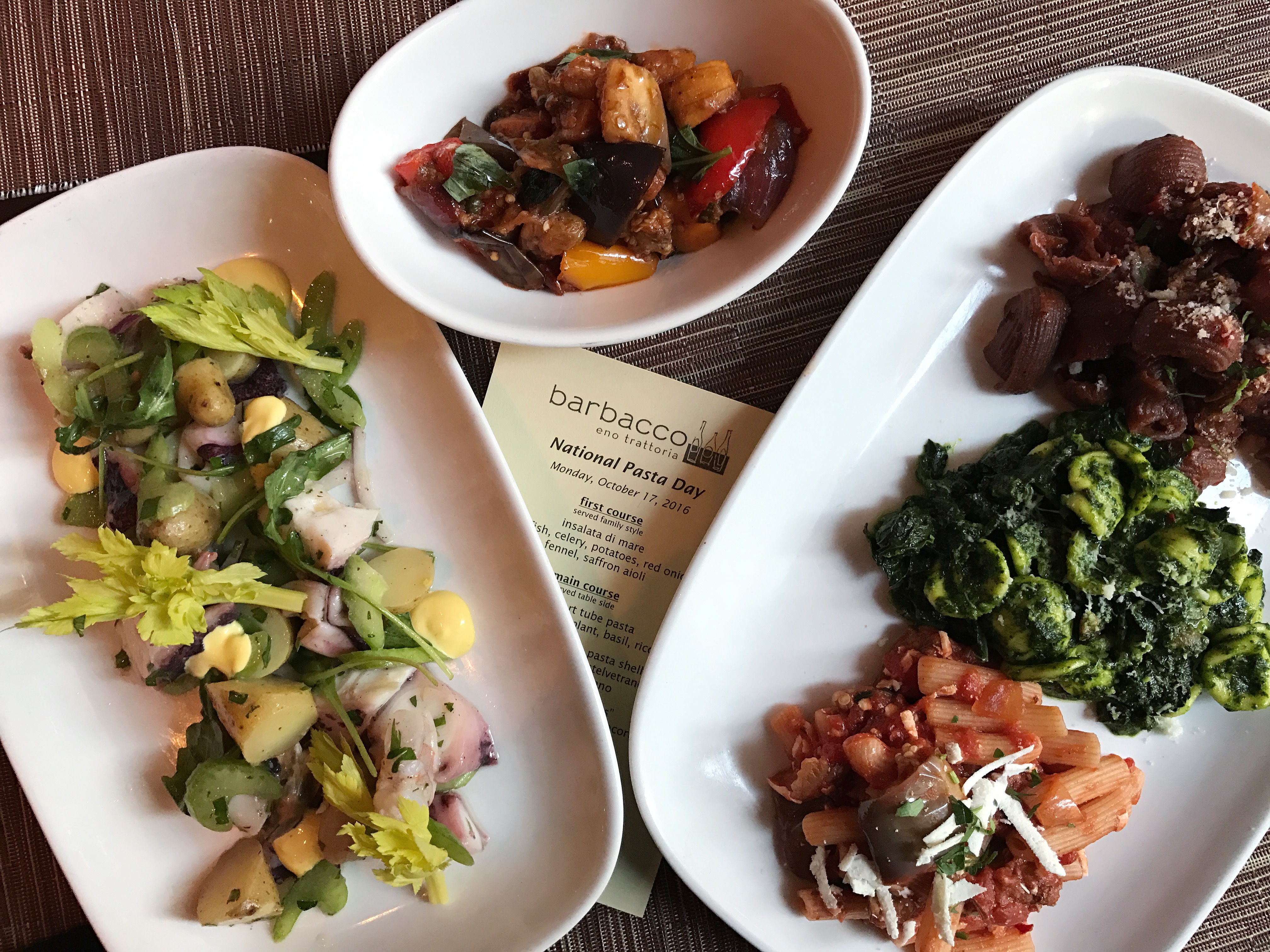 overhead view of a selection of Perbacco dishes on the table